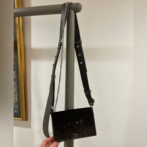 Allsaints dark green velvet crossbody bag with leather strap and chain